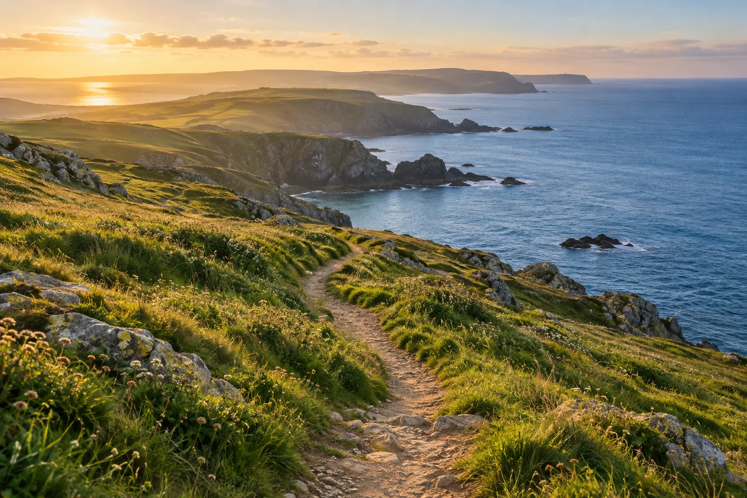 A winding path through sunlit grass above a rocky coastline and blue sea.